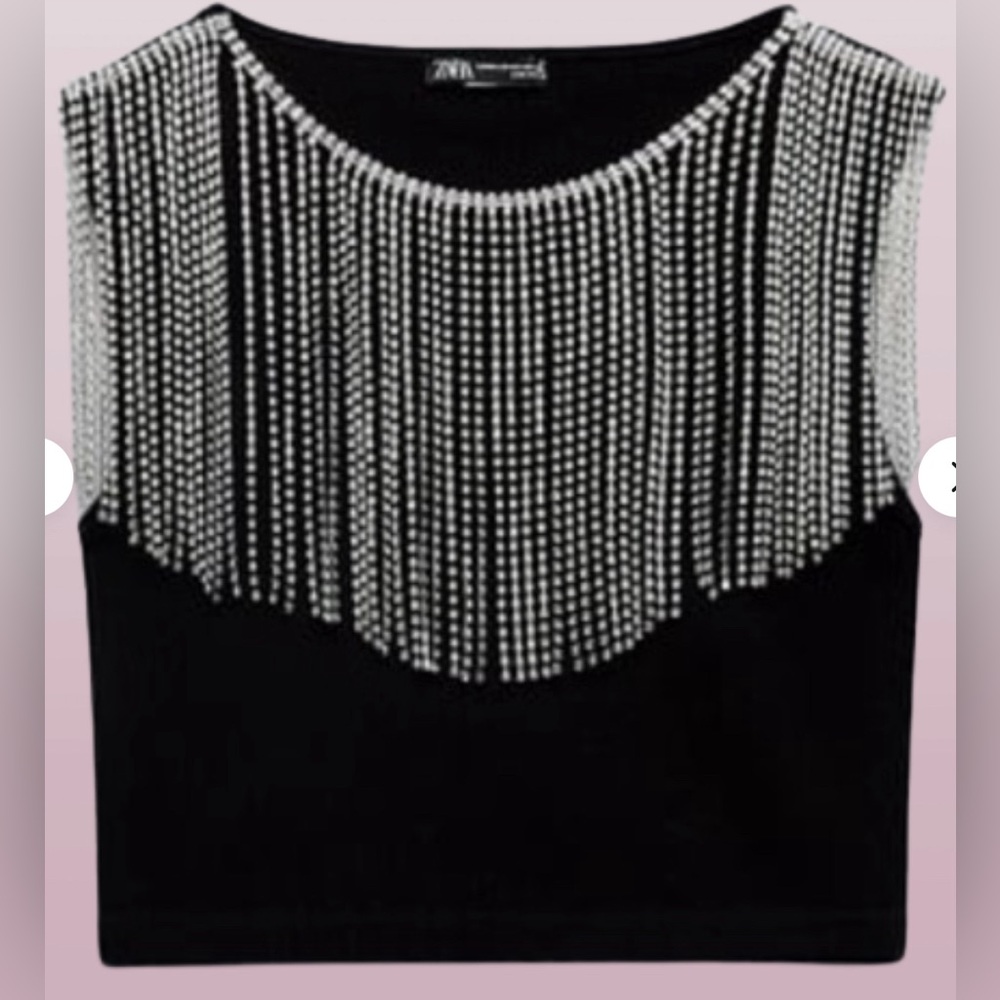 ZARA fringed seamless rhinestone black crop top size extra small/small - Picture 6 of 14